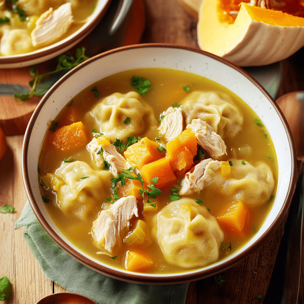 Cozy Chicken and Pumpkin Dumplings Soup