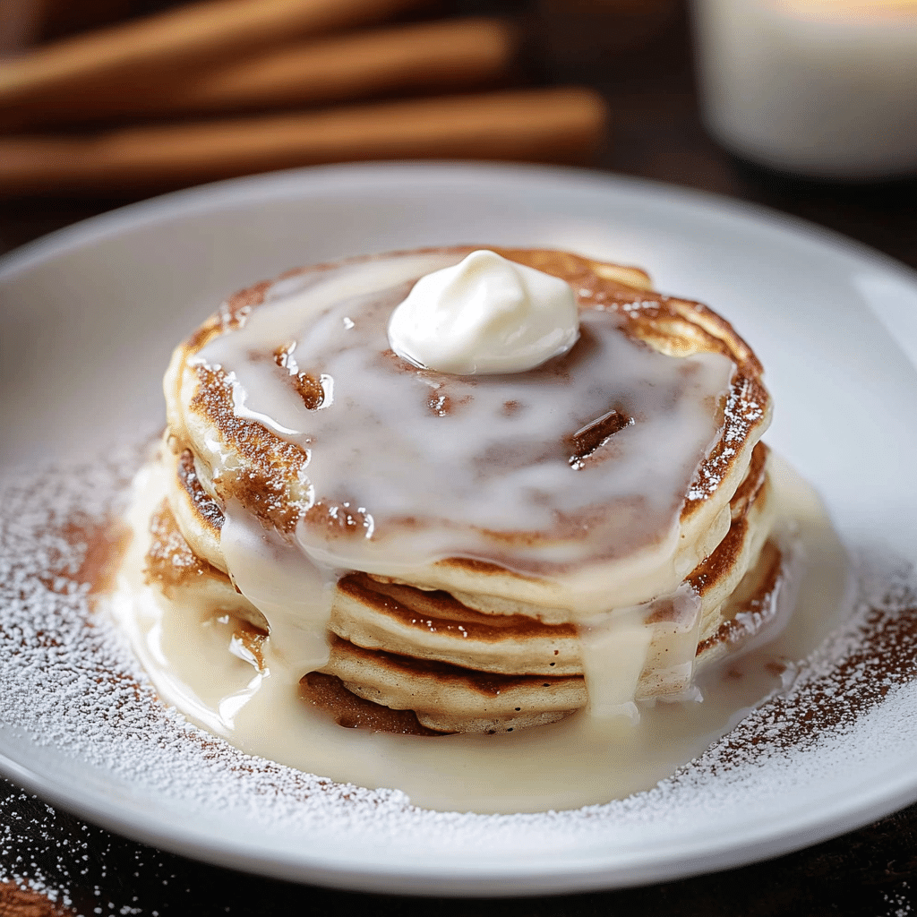 Fluffy Cinnamon Roll Pancakes with Cream Cheese Glaze