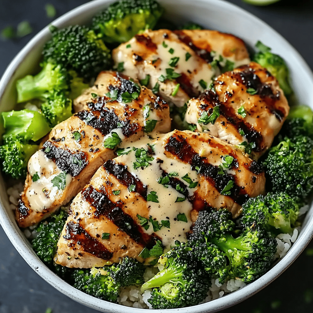 Grilled Chicken & Broccoli Bowls with Garlic Sauce