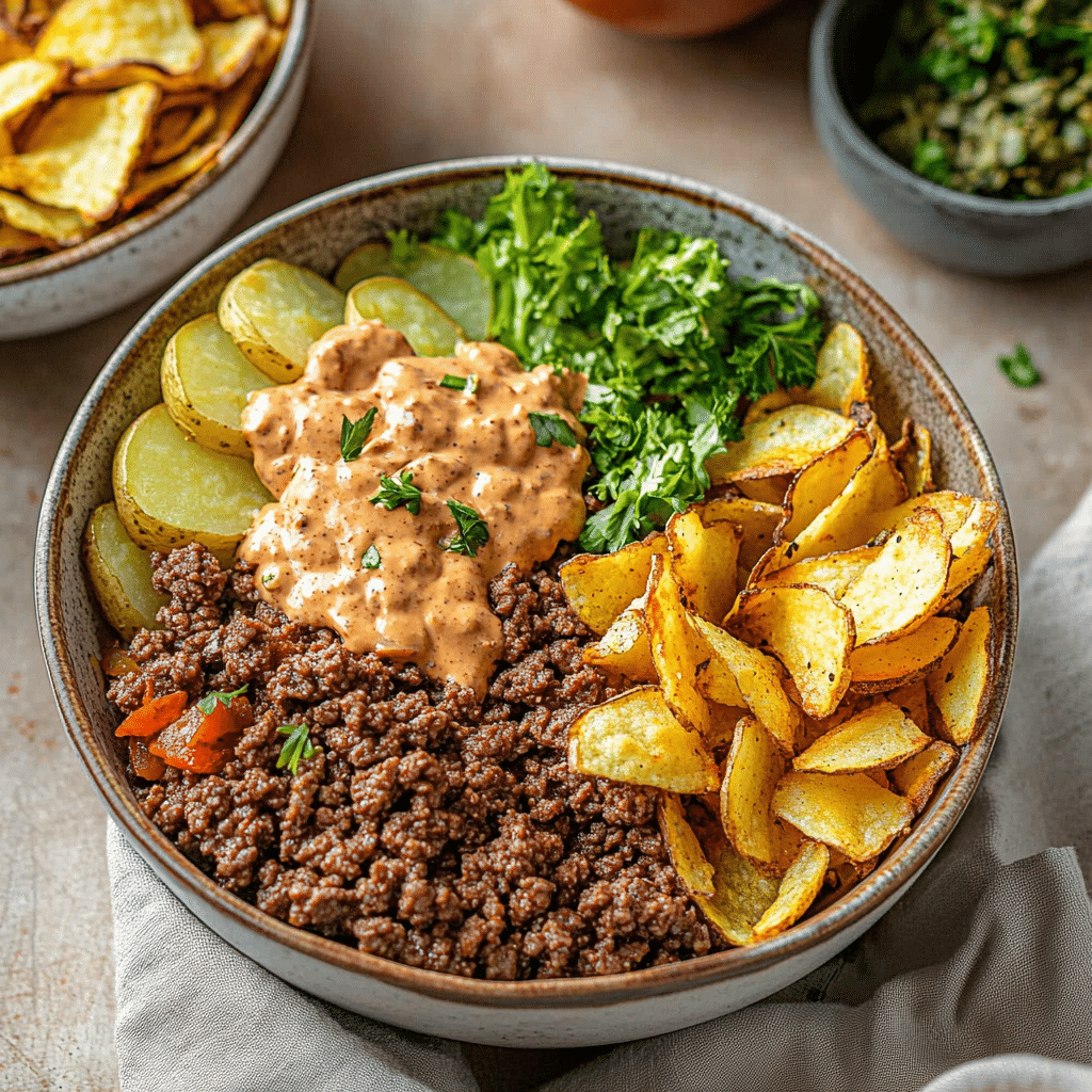 Burger Bowls with Crispy Potato Chips