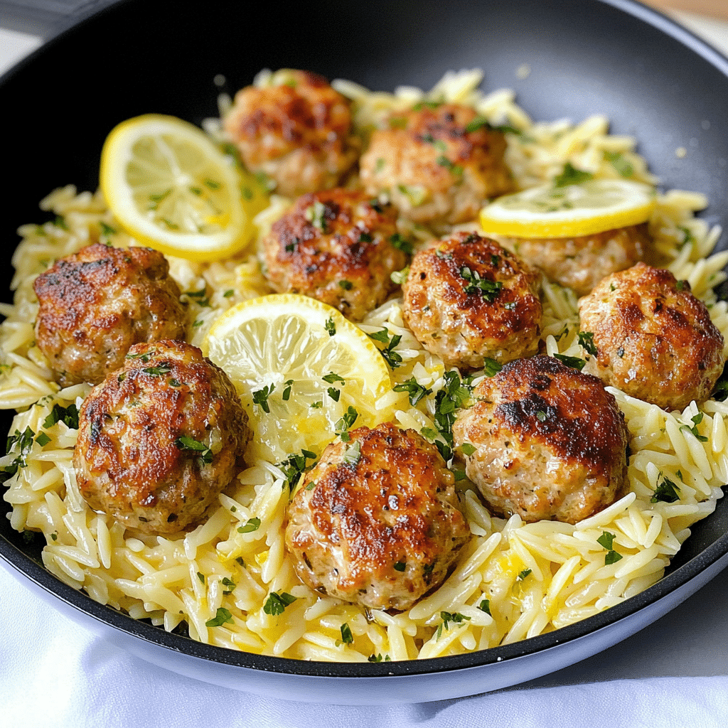 Greek Chicken Meatballs with Lemon Orzo