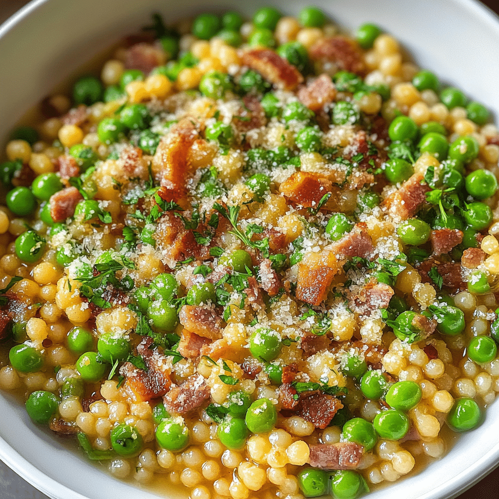 Fregola with Pancetta Peas and Parmesan