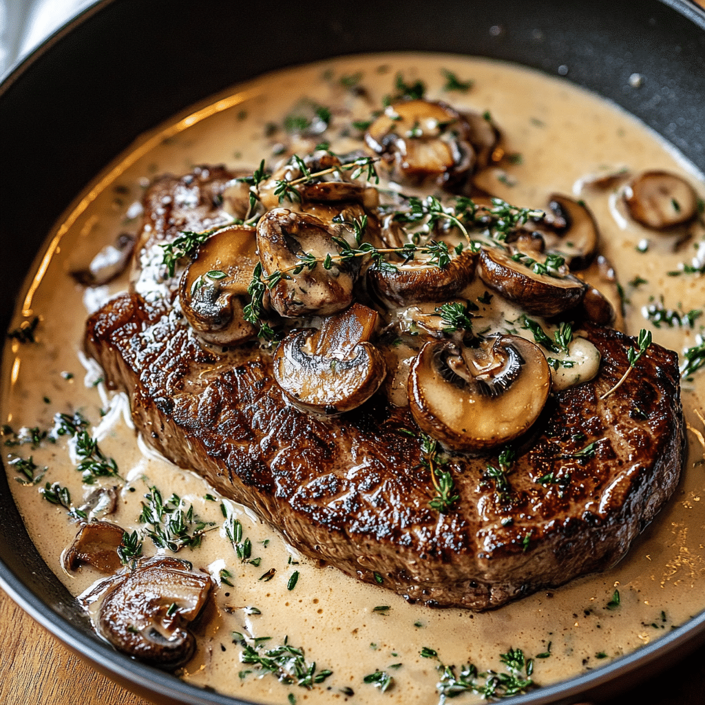 Pan Seared Steak with Mushroom Cream Sauce