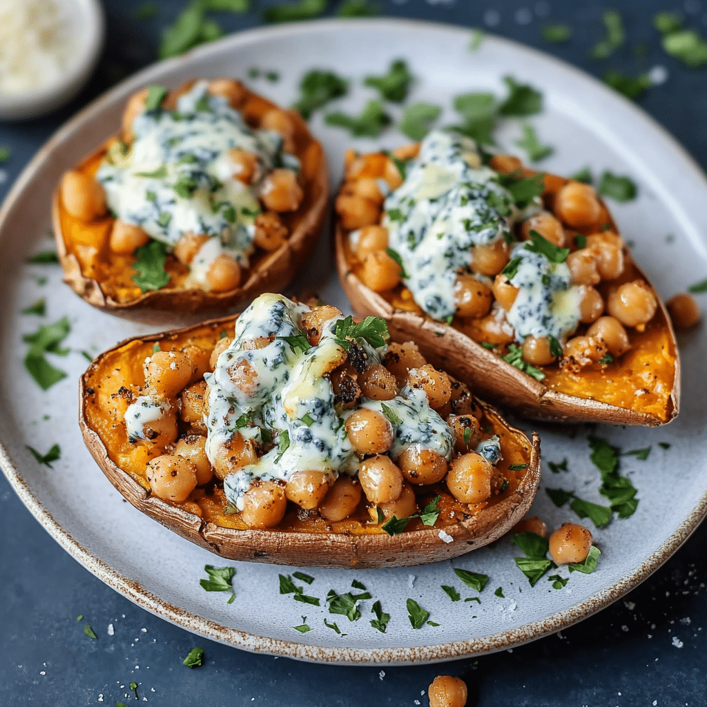 Slow Roasted Sweet Potatoes with Spicy Garlic Chickpeas and Blue Cheese Sauce Recipe