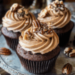 Chocolate Bourbon Chai Latte Cupcakes with Butter Pecan Frosting