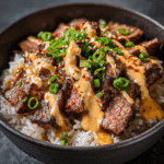 Korean BBQ Steak Rice Bowls with Spicy Cream Sauce
