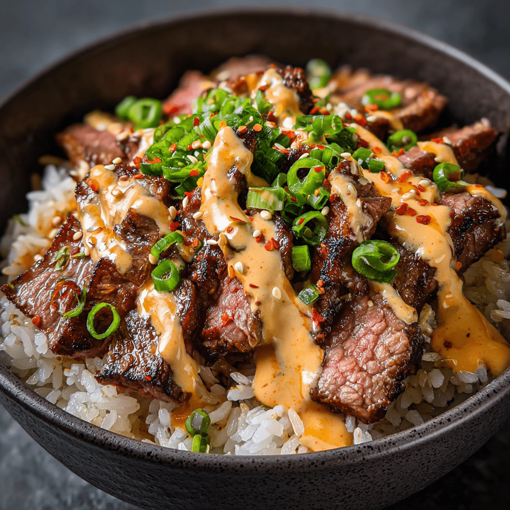 Korean BBQ Steak Rice Bowls with Spicy Cream Sauce