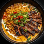 Spicy Korean Ramen with Grilled Beef & Creamy Sauce
