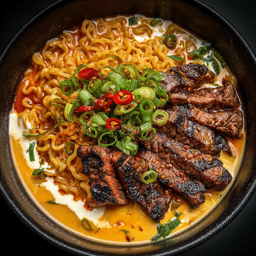Spicy Korean Ramen with Grilled Beef & Creamy Sauce